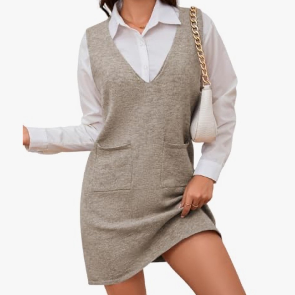 Women's Knitted Solid Sweater Dress V Neck Sleeveless Short with Pockets Brown - Picture 7 of 12